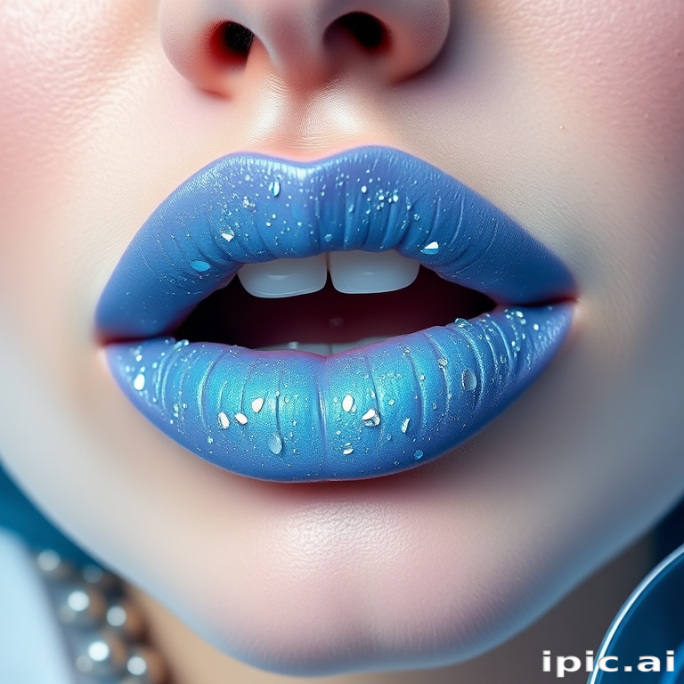 Icy blue frost lipstick with tiny diamond-like sparkles, christened "Arctic Glamour," delivering a cool, futuristic look and subtle plumping effect, perfect for avant-garde makeup enthusiasts