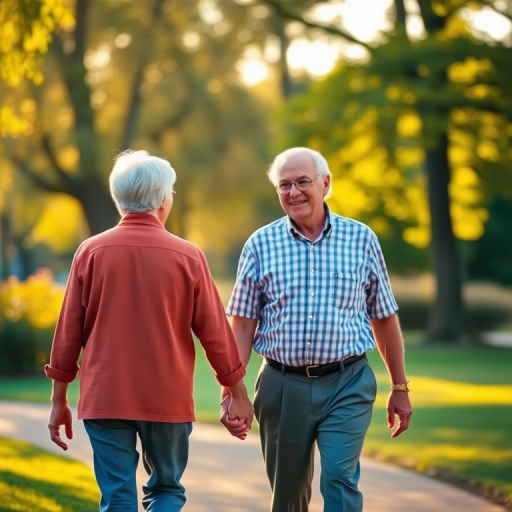 portrait of an elderly couple walking hand in hand in a sunlit park, soft focus background, warm golden hour lighting, aperture f/2.8, shutter speed 1/200s, ISO 100, 35mm lens, DSLR camera, natural colors and vibrant greenery