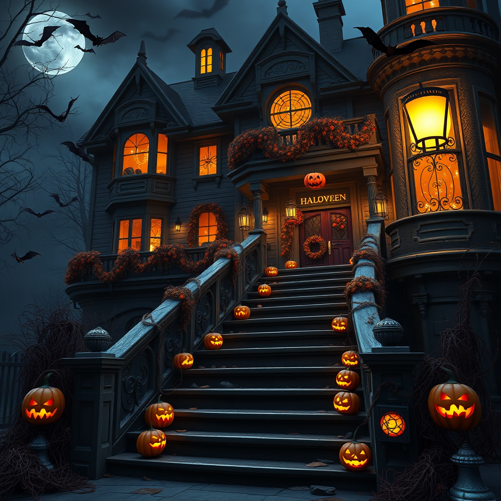 airbrushed oil painting, halloween theme, a haunted house, stairs, highly decorated, illuminated, lanterns, jack o'lantern, bats, webcobs