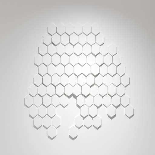 Create a minimalistic design featuring a pattern of white, raised hexagons on a smooth white background, with some hexagons missing to create an abstract composition.
