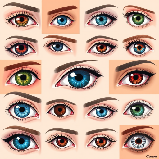 Create a high-resolution illustration of various eye designs in a grid format, showcasing diverse colors and styles, with a focus on realism, using a 50mm lens at f/2.8, ISO 100, natural light, and a Canon DSLR camera.