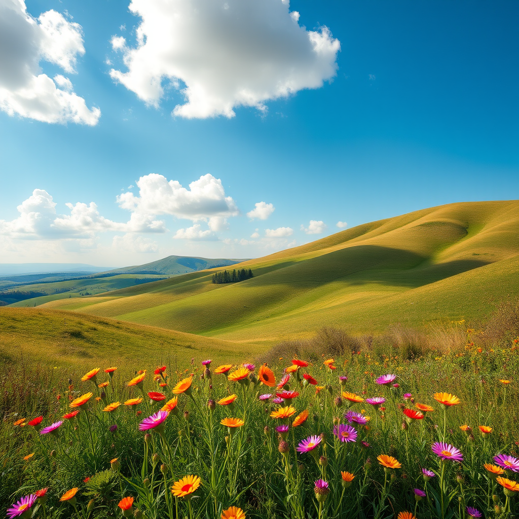 Create an image of a serene landscape with rolling hills, vibrant wildflowers in the foreground, a clear blue sky with fluffy white clouds, taken with a Canon EOS 5D Mark IV, 24mm lens, aperture f/8, shutter speed 1/200s, ISO 100, in portrait orientation, with natural lighting to enhance colors and depth.