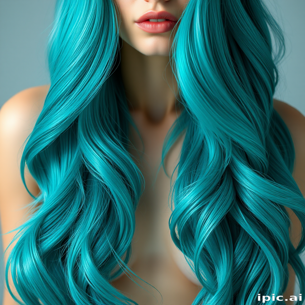 Vibrant teal mermaid waves cascade down her shoulders, shimmering with iridescent highlights, creating a mesmerizing oceanic effect that captivates onlookers with its ethereal beauty and depth.