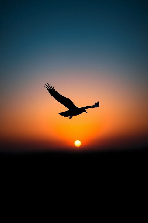 Create a high-definition image of a silhouette of a bird in flight against a sunset background, using a Canon EOS 5D Mark IV, f/8 aperture, ISO 200, 1/1000s shutter speed, shot from a low angle to capture the expansive sky, with a focus on the bird's graceful wings.