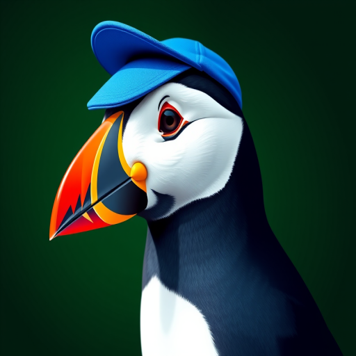 Create a vibrant vector-style illustration of a penguin wearing a blue cap and a red beak, with a dark green background, using a Canon EOS R5, 50mm lens, f/1.8 aperture, ISO 100, natural lighting to enhance color saturation.