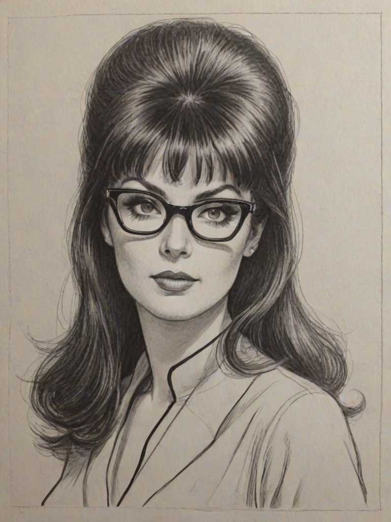 Ravishing Elvira Lind, pencil sketch, portrait of Charming woman 1961s in glasses, hair style beatnik, outline, clear lines, fine lines, 8k