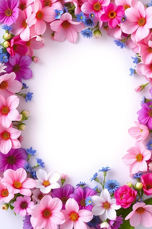 Generate a vibrant floral border with various blossoms in shades of pink, purple, and blue surrounding a blank center, using a Canon EOS R5 camera with a 50mm f/1.2 lens, aperture f/2.8, ISO 100, and soft natural lighting to enhance color saturation and detail.