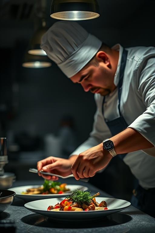 Sharp, detailed photo of a chef carefully plating a gourmet dish in a dimly lit kitchen, soft glow from the overhead lights illuminating their concentration, the smell of fresh herbs and sizzling food in the air.