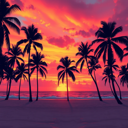 Generate a vibrant digital illustration of a tropical beach scene at sunset with palm trees silhouetted against a colorful sky, emphasizing warm hues of orange, pink, and purple, using a digital art style with a high-resolution finish, set at 300 DPI, in a panoramic view, simulating a Canon EOS 5D Mark IV, with an aperture of f/8 to enhance depth of field.
