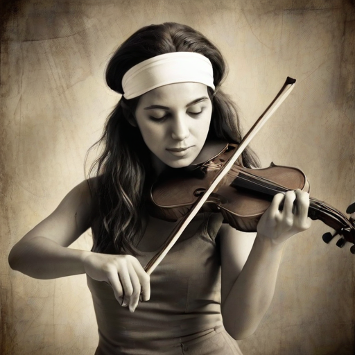 a young Ashkenazi woman with a white headband playing a violin, in the style of a charcoal drawing, sepia grunge background