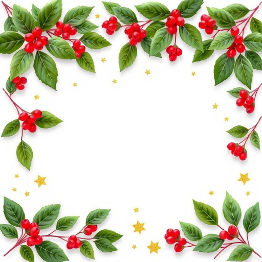 Create a festive holiday border design featuring green leaves and red berries with scattered gold stars and snowflakes on a white background. The composition should be symmetrical with a natural and elegant aesthetic, suitable for seasonal greeting cards or decorations.