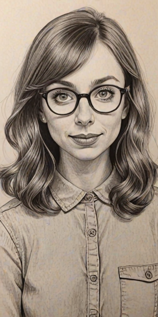 Superb Lauren Lapkus, pencil sketch, portrait of Charming woman 1965s in glasses, hair style beatnik, outline, clear lines, fine lines, 8k