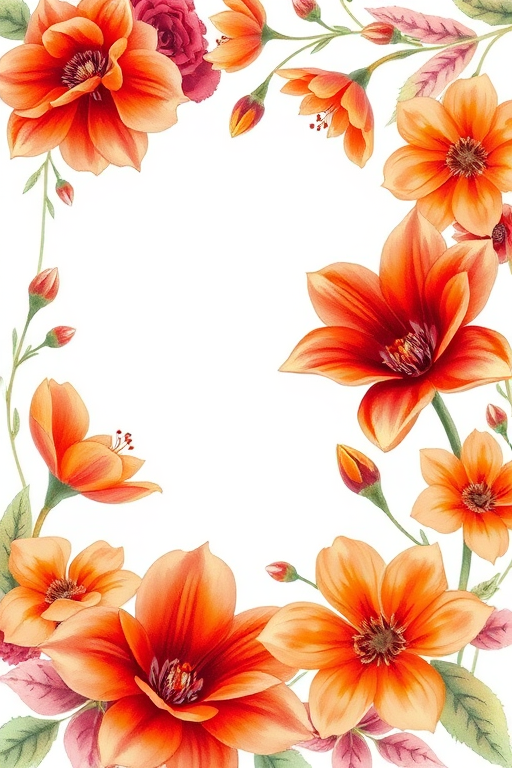 Create a watercolor floral frame with vibrant orange and red flowers, featuring intricate details and soft pastel leaves, captured using a DSLR camera with a 50mm lens, f/2.8 aperture, 1/250 shutter speed, natural light, and a shallow depth of field for a soft background blur.