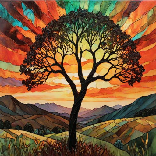 A vibrant abstract painting on Tiffany Glass, blending acrylic and alcohol ink techniques, captures a dramatic sunset over rolling hills. The artwork features a textured, rocky foreground in green and brown, layered abstract hills, and a striking sunset in rich oranges, yellows, and reds. A solitary black tree with intricate branches contrasts against the fiery sky, creating a dynamic and expressive portrayal of a breathtaking natural scene.