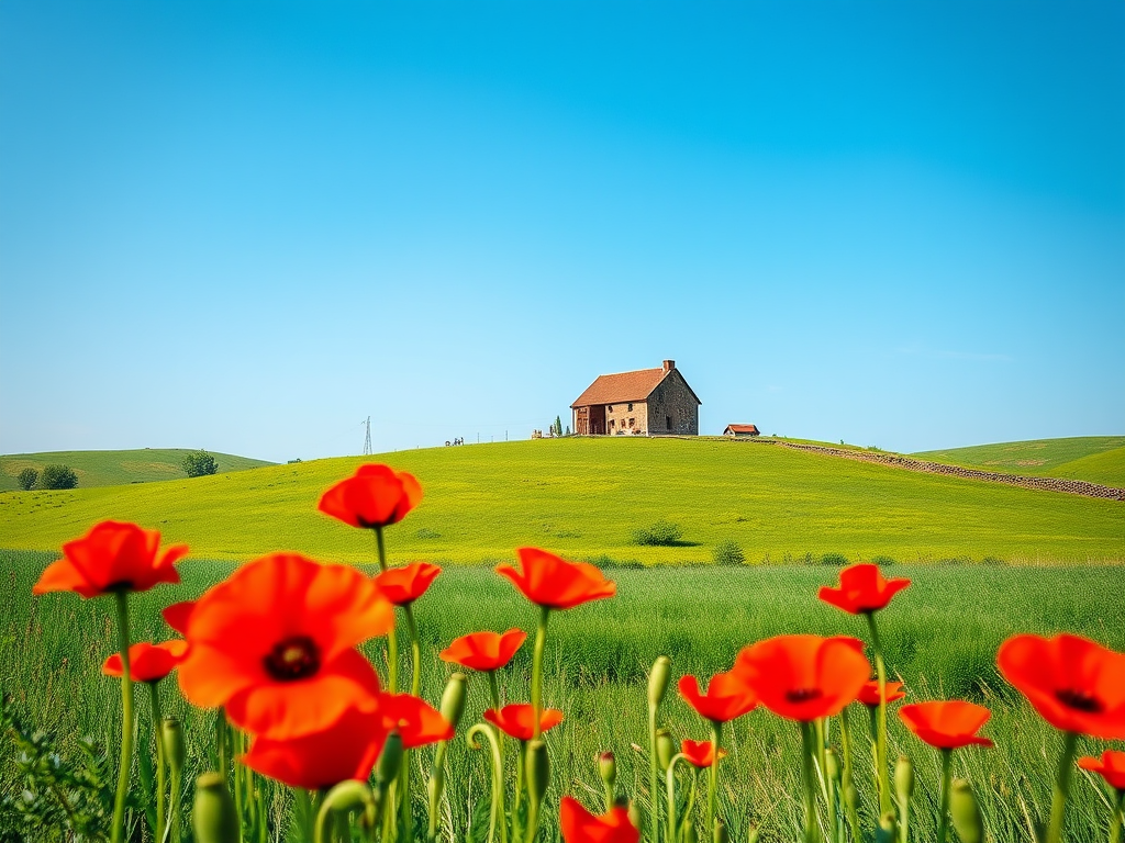 Landscape of a serene countryside with a rustic farmhouse atop a green hill, vibrant red poppies in the foreground, shot with a Canon EOS R5, 24mm lens, f/8 aperture, ISO 100, natural light, wide-angle perspective, emphasizing the detail in flowers and a bright blue sky.