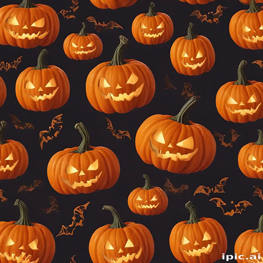 Spooky Halloween Pumpkin Pattern with Grinning Faces and Flying Bats