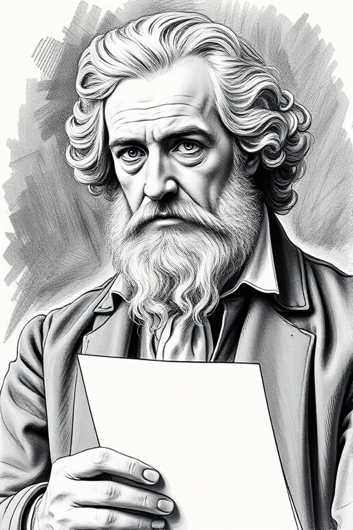 Create a detailed portrait of a historical figure resembling Johann Wolfgang von Goethe, holding a letter, ink sketch style, 35mm lens, f/2.8 aperture, shallow depth of field, natural lighting, portrait orientation, high contrast, sharp focus.