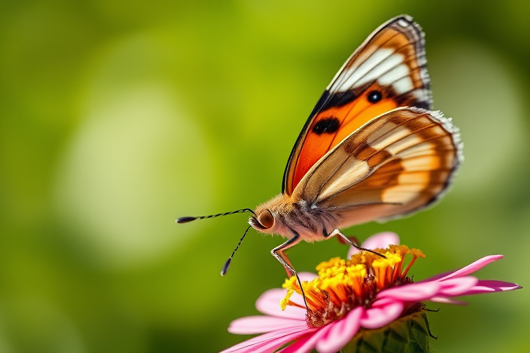 A close-up shot of a butterfly on a flower, using a macro lens, aperture f/2.8, shutter speed 1/500 sec, ISO 200, natural lighting, with a blurred green background to enhance focus on the butterfly.