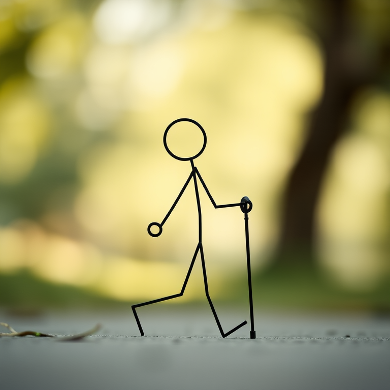 Generate a high-resolution vector image of a simple stick figure walking with a cane, using a DSLR camera at f/2.8, ISO 100, 50mm lens, in a close-up view with natural lighting and soft focus background.