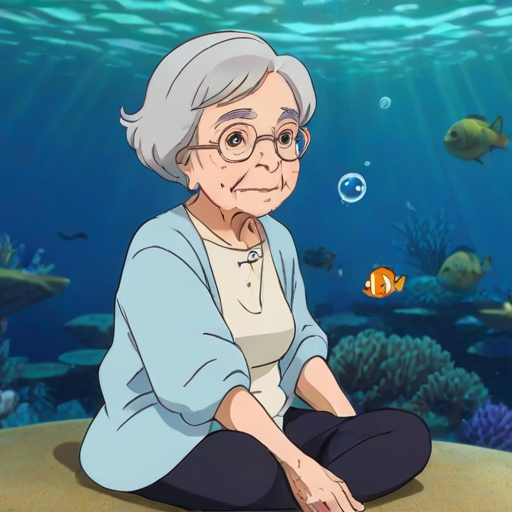 solo, 96 years old grandmother, bubble, under the sea, anime, Puffing, sitting