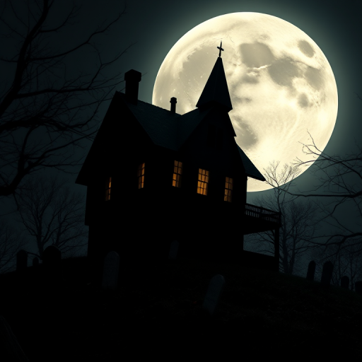 Regenerate a spooky moonlit scene featuring a large full moon illuminating a silhouette of a tilted haunted house on a hill with faint gravestones, use a DSLR camera, aperture f/8, ISO 100, shutter speed 1/60s, wide-angle lens, night mode.
