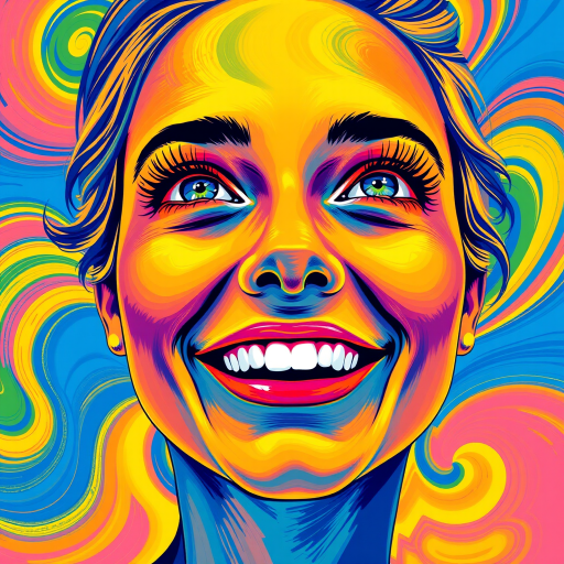 Generate a psychedelic portrait of a woman's happy face with brushstrokes of a woman smiling and looking up at the sky, emphasizing bright and bold colors. The dominant color should be deep blue, with swirling patterns of yellow, green, pink, purple and orange. open blue eyes with long eyelashes, apply an orange-yellow eyeshadow for a mesmerizing effect.