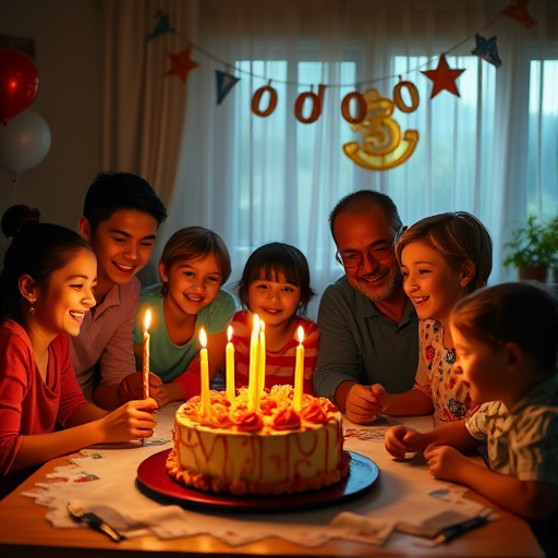 Warmly lit photo of a family gathered around a table for a birthday celebration, soft candlelight illuminating their faces, with a cake in the center and festive decorations hanging in the background.