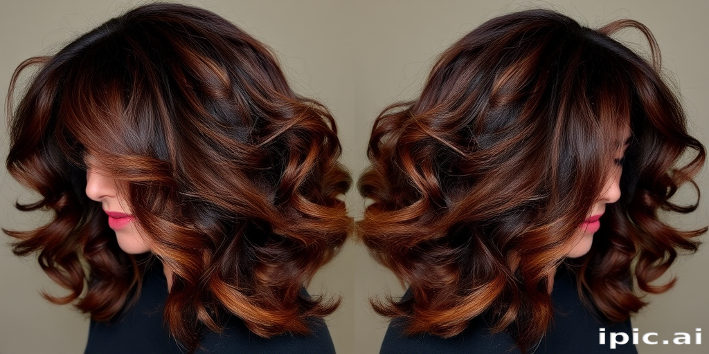 Sultry dark chocolate brown hair with caramel swirls, created by Mocha Swirl, showcasing a voluminous blowout with bouncy curls and subtle honey-toned highlights framing the face