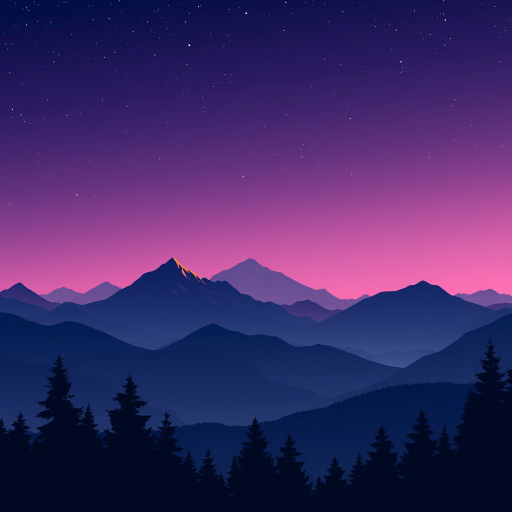 Create a digital landscape illustration of a serene mountain range at twilight with a starry sky, featuring layered mountains in varying shades of purple and blue, silhouetted evergreen trees in the foreground, with a soft gradient background; use a digital painting style with a high resolution of 3840x2160, simulated camera settings of f/8 aperture, ISO 100, and 1/60 second shutter speed for a clear, detailed image.