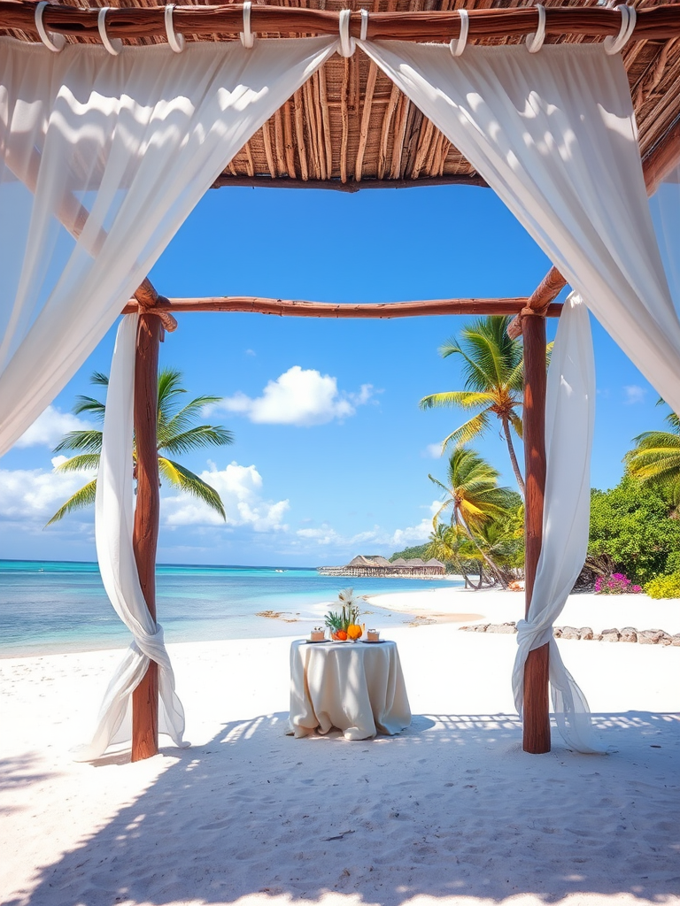 Create a picturesque tropical beach scene featuring a serene, white sandy shore. In the foreground, there's a rustic wooden canopy with white drapes gently flowing in the breeze. Underneath the canopy, a table is set with tropical decor, evoking a sense of relaxation and leisure. The beach extends into a calm, shallow water area with reflections of the sky and surroundings. Palm trees and lush greenery line the edge of the beach, providing a natural, tropical backdrop. The sky is clear with a few scattered clouds, and the overall atmosphere is tranquil and inviting, perfect for a peaceful retreat.
