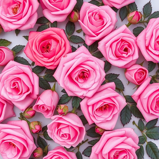 Generate a high-resolution floral pattern featuring vibrant pink roses and delicate leaves, captured with a Canon EOS R5, 50mm lens, f/1.8 aperture, ISO 100, in soft natural light, top-down view for an elegant aesthetic.