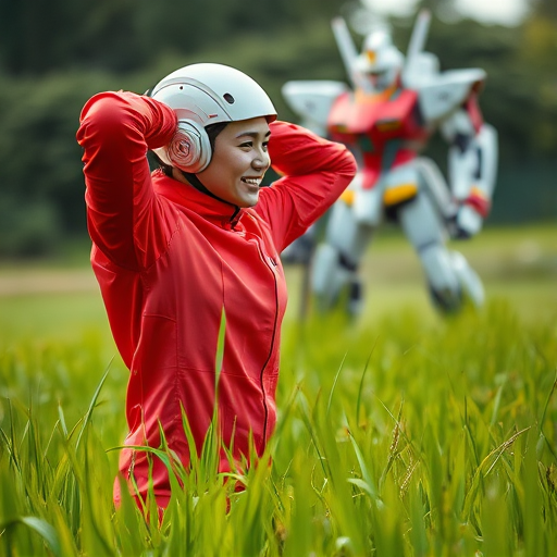 green grass, red plugsuit, light smile, hands behind the head, from side,  dutch angle, mecha in background