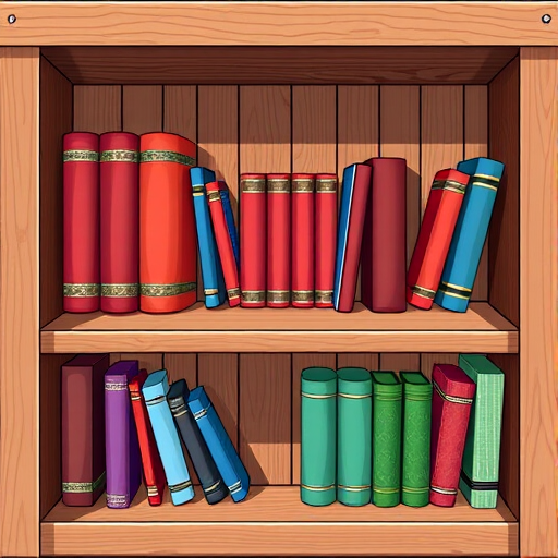 Create a detailed illustration of a wooden bookshelf with three shelves, filled with various colored books including red, blue, and green, using a DSLR camera with a 50mm lens at f/4 aperture, ISO 200, and a 1/125 second shutter speed, top-down view and bright natural lighting.
