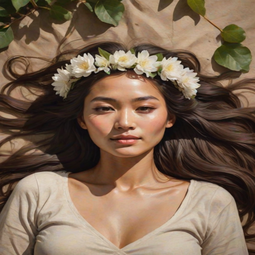 create a watercolor painting of an ethereal portrait of beautiful Tibetan woman with a simple white flower crown on her head. Her hair is long and she is lying on the ground. The sunlight on the trees casts shadows from the leaves on her face and body. The background is a neutral brown color that matches her skin tone. The image is minimalist and solid colors. This style is characterized by soft, delicate brushstrokes and a light, airy, contrasting color palette. High level of detail and play of light