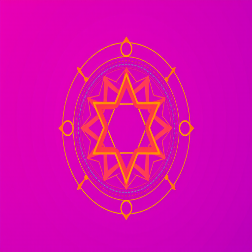 Create a high-resolution vector image of a geometric design featuring a central hexagram surrounded by circles, with vibrant pink and orange colors against a gradient purple background, using a Canon EOS 5D Mark IV with a 50mm f/1.8 lens, aperture set to f/8, ISO 100, and a slight vignette effect.