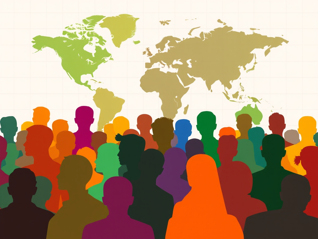 Generate an abstract digital illustration of a diverse crowd of silhouettes in vibrant colors, with a world map in shades of green and a grid background, using a Canon EOS R5, ISO 100, f/8, 24mm, portrait orientation.