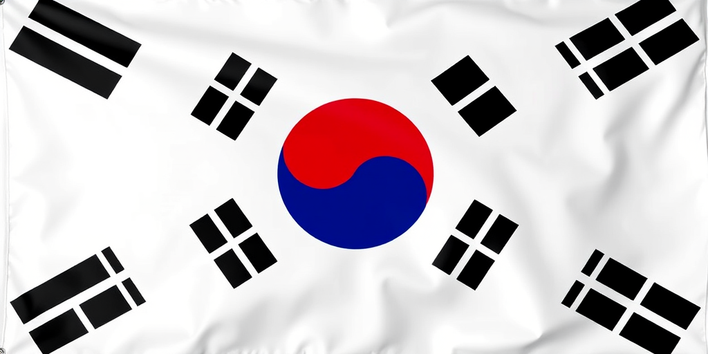 Create an image of the South Korean flag featuring a bold circular yin-yang symbol in the center, with red and blue sections, surrounded by four black striped taeguk patterns, shot with a DSLR camera at f/8 aperture, 50mm lens, ISO 100, natural lighting, straight-on view for clarity and detail.