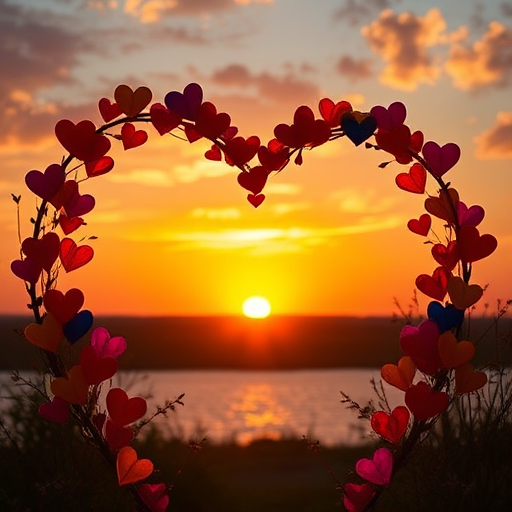 Create a vibrant sunset scene with a heart-shaped frame made of colorful hearts, using a Canon EOS R5, 50mm f/1.2 lens, f/2.8 aperture, ISO 100, shot in bright natural light for enhanced image quality.
