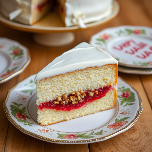 A slice of white cake on a decorative plate with a layer of red filling and crushed nuts in the middle, topped with white frosting, set against a wooden background with additional plates in the background.