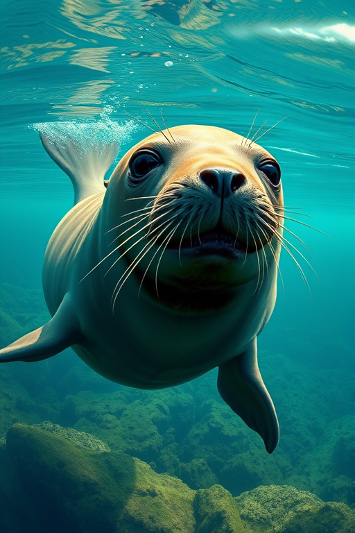 Create a highly detailed and realistic illustration of a seal swimming in its natural habitat, with a wide-angle view, using a DSLR camera with a 50mm lens, f/8 aperture, and ISO 100 for clarity and vibrant color.