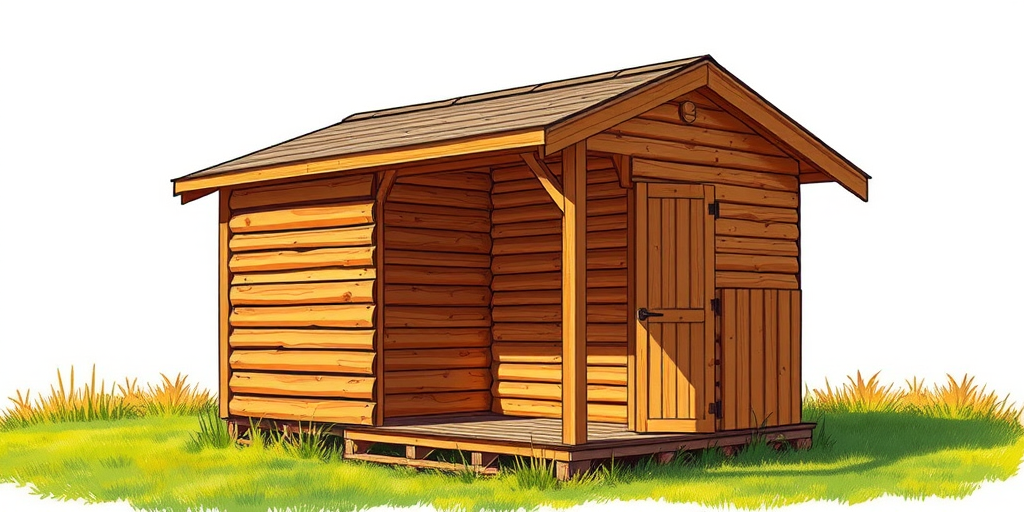 Create a highly detailed illustration of a wooden shed with a slanted roof on a grassy area, using vibrant colors and clear lines, captured with a Canon EOS R5 at f/8, ISO 100, and a 50mm lens, in natural daylight to enhance image quality.