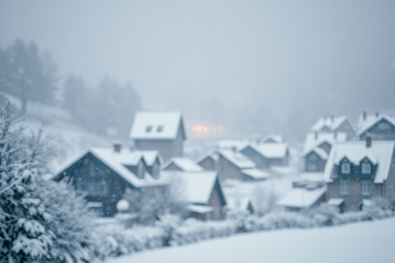 Soft-focus image of a peaceful snowy landscape, with gently falling snowflakes covering a quiet village, soft light reflecting off the rooftops and creating a dreamy atmosphere.