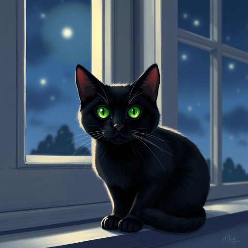 Create a high-quality digital illustration of a black cat with bright green eyes sitting on a windowsill against a night sky backdrop, using a Canon EOS R5 camera, 50mm lens, aperture f/1.8, ISO 400, with a soft focus and natural light for a dreamy effect.