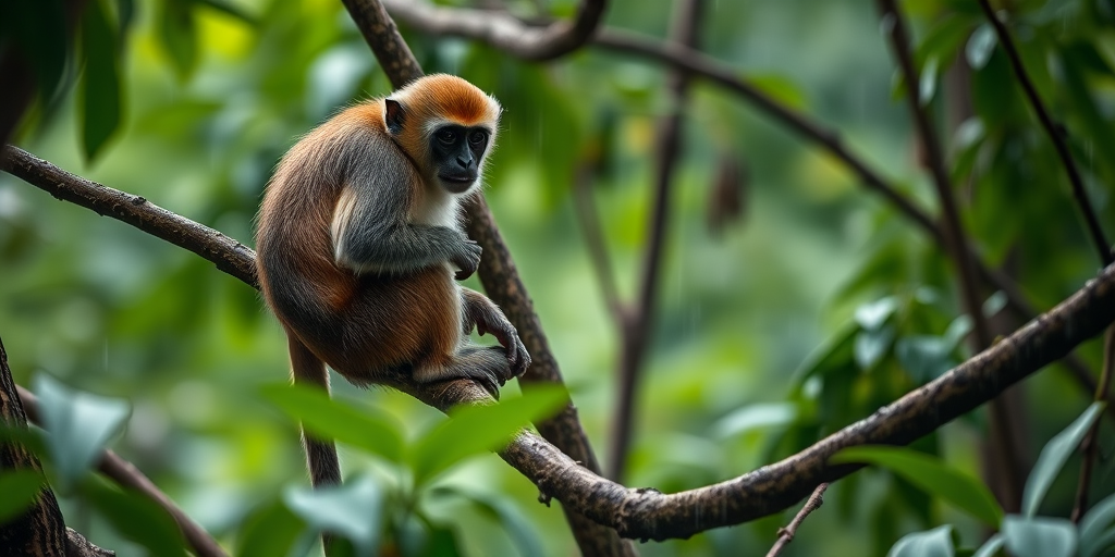 Capture a close-up of a monkey sitting on a tree branch in a dense forest during light rain, using a DSLR camera, 85mm lens, aperture f/2.8, ISO 400, shutter speed 1/200 sec, with a shallow depth of field to highlight the subject against a blurred green background.