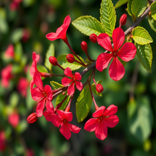 Create a vibrant illustration of a flowering plant branch with red blossoms and green leaves, captured with a Canon EOS R5, 50mm lens, f/2.8 aperture, ISO 100, natural light, top-down view, with a soft focus background to enhance the depth of field.