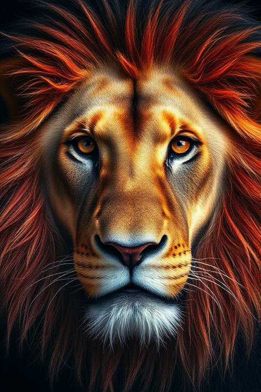 A close-up portrait of a majestic lion with striking red and black mane, showcasing detailed textures and intense gaze, shot with a Canon EOS 5D Mark IV, 85mm lens, aperture f/1.8, ISO 200, in soft studio lighting for enhanced contrast and color vibrancy.