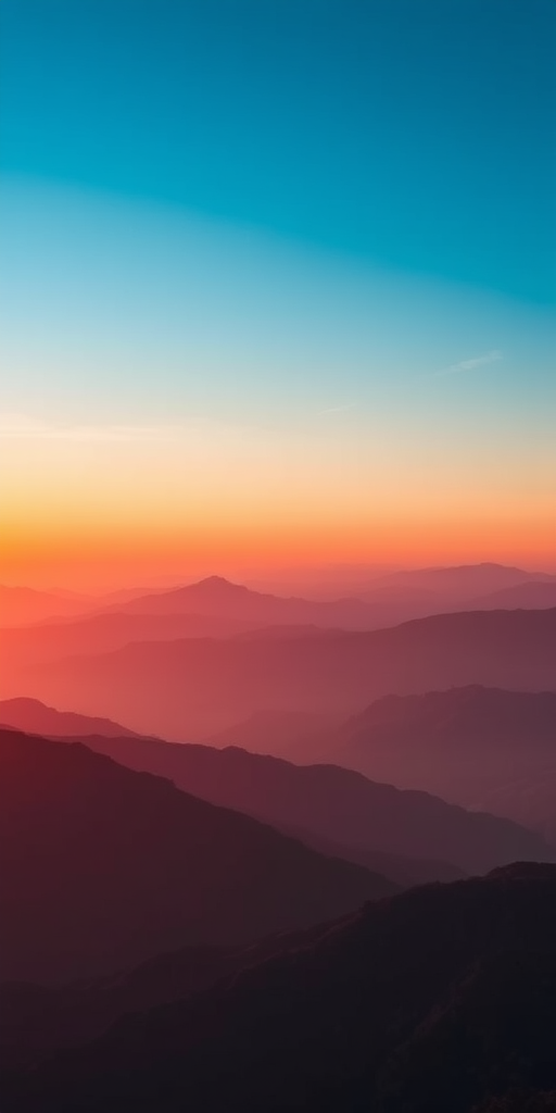 Create a minimalist landscape with layered mountains and a gradient sky transitioning from bright blue to deep red at the horizon, captured with a DSLR camera, 35mm lens, f/8 aperture, ISO 100, in landscape orientation, with a soft focus effect for a dreamy atmosphere.
