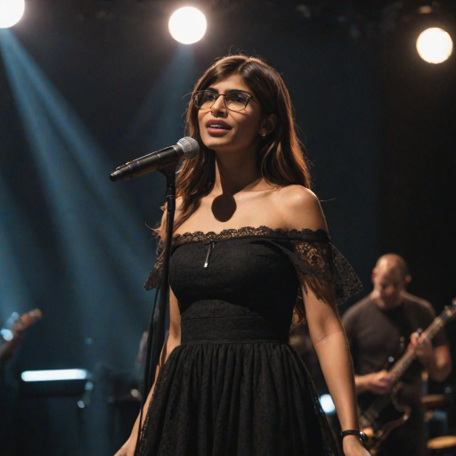 mia khalifa with long, flowing brown hair is standing in the center of the frame, holding a microphone in her right hand, and looking slightly off to the right side of the frame. She is wearing a black, off-the-shoulder dress with delicate lace detailing. The lighting is warm and dramatic, creating a spotlight effect on the singer. There are other figures in the background, blurred and out of focus, suggesting a concert or performance setting. The camera angle is low, capturing the woman from the waist up. The overall atmosphere is intimate and captivating.