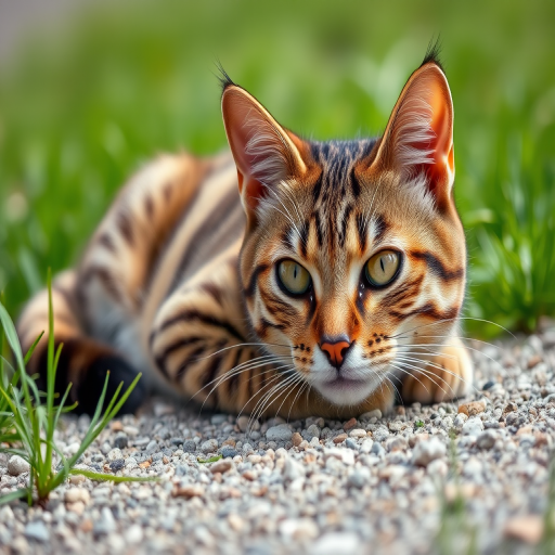 A close-up shot of a striped cat laying on gravel with green grass, using a DSLR camera at f/2.8 aperture, 1/250 sec shutter speed, ISO 200, with natural lighting and a shallow depth of field for enhanced focus on the cat.