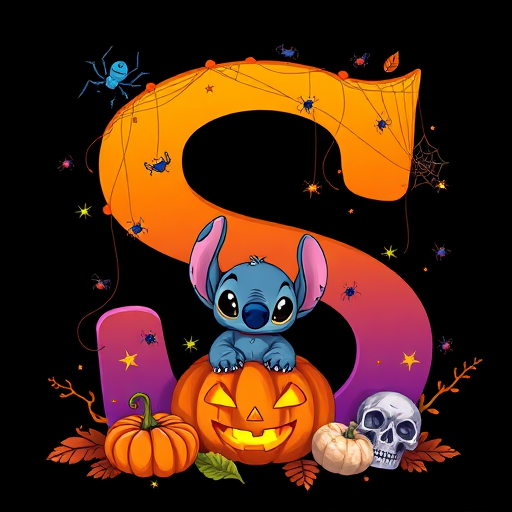 A whimsical and vibrant Halloween-themed digital illustration featuring the letter "S" adorned with spider webs, small bats, and cute spiders. At the base of the letter, a playful alien character similar to Stitch is peeking out from inside a carved pumpkin with glowing eyes, surrounded by additional pumpkins, a small skull, and autumn leaves. The letter is gradient-colored from orange to purple, adding a magical atmosphere to the scene, black background